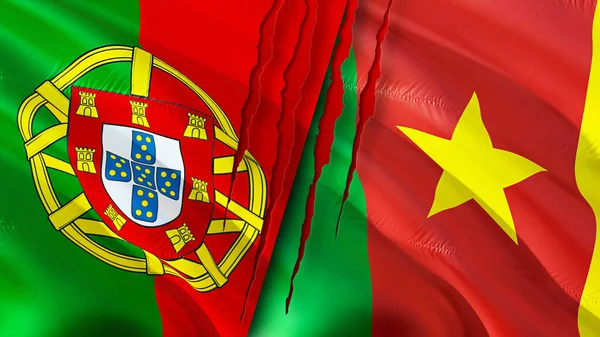 ポルトガルとカメルーンは傷の概念でフラグを立てます 旗を振って3Dレンダリング ポルトガルとカメルーンの紛争の概念 ポルトガルカメルーン関係の概念 ポルトガルとカメルーンの危機戦争攻撃の旗 — ストック写真