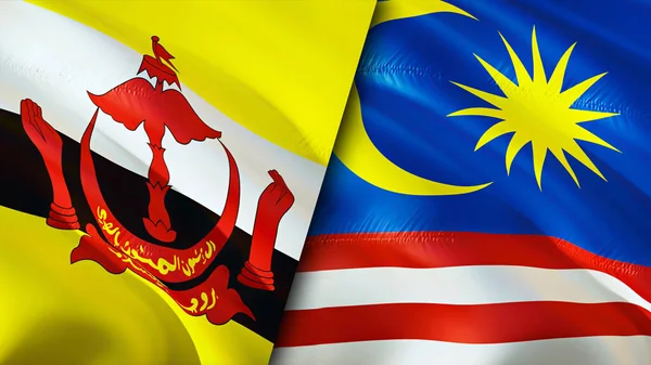 Brunei Och Malaysia Flaggar Viftande Flagga Design Brunei Malaysia Flagga — Stockfoto