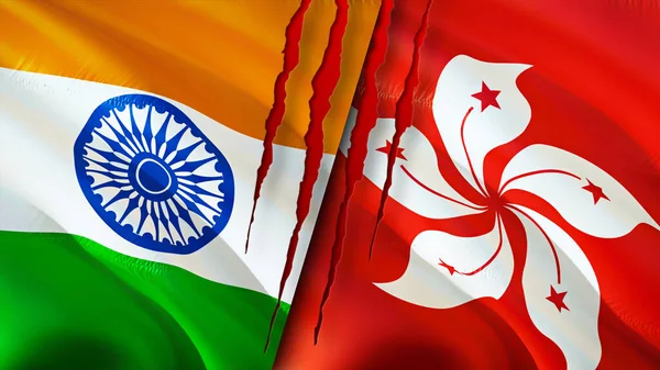 India and Hong Kong flags with scar concept. Waving flag,3D rendering. India and Hong Kong conflict concept. India Hong Kong relations concept. flag of India and Hong Kong crisis,war, attack concep