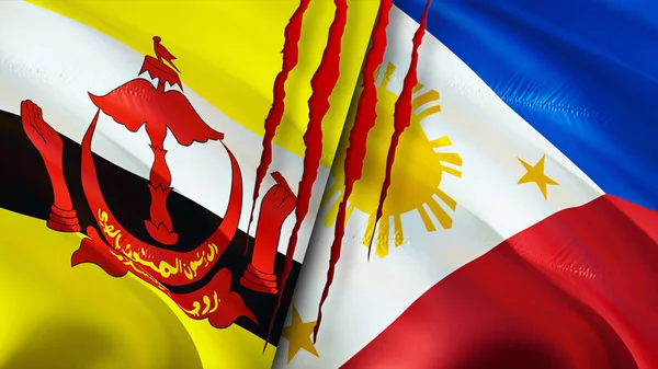 Brunei Filipinler Bayrakları Yara Izi Konsepti Dalgalanan Bayrak Boyutlu Görüntüleme — Stok fotoğraf