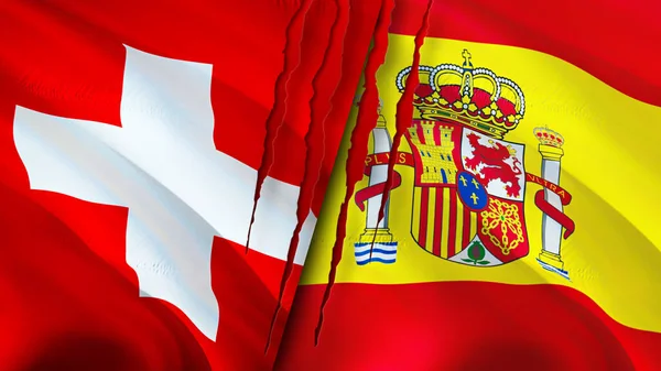 Switzerland and Spain flags with scar concept. Waving flag,3D rendering. Switzerland and Spain conflict concept. Switzerland Spain relations concept. flag of Switzerland and Spain crisis,war, attac