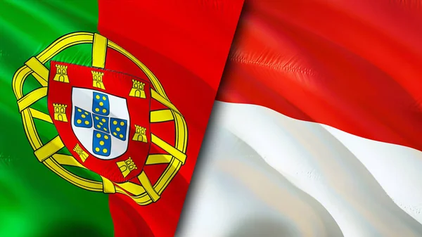 Portugal Indonesië Vlaggen Waving Vlag Ontwerp Portugal Indonesië Vlag Foto — Stockfoto