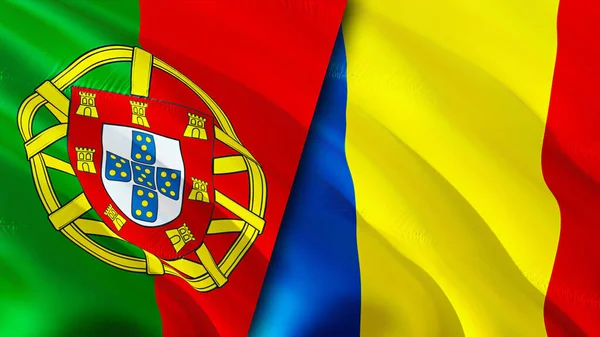葡萄牙和罗马尼亚的国旗 3D波浪旗帜设计 葡萄牙罗马尼亚国旗 葡萄牙对罗马尼亚的图像 3D渲染 葡萄牙罗马尼亚关系联盟与贸易 — 图库照片