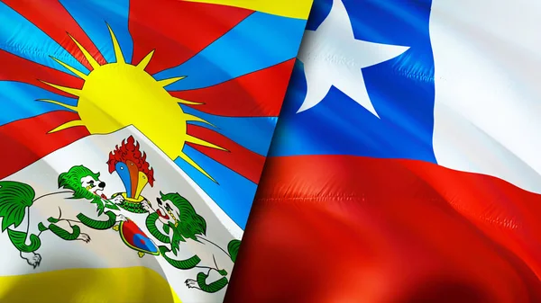 Tibet and Chile flags with scar concept. Waving flag,3D rendering. Tibet and Chile conflict concept. Tibet Chile relations concept. flag of Tibet and Chile crisis,war, attack concep