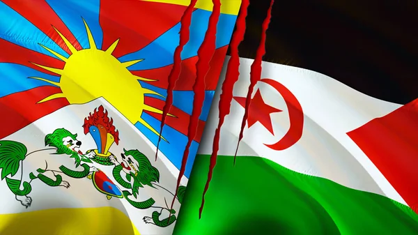 Tibet and Western Sahara flags. 3D Waving flag design. Tibet Western Sahara flag, picture, wallpaper. Tibet vs Western Sahara image,3D rendering. Tibet Western Sahara relations alliance an