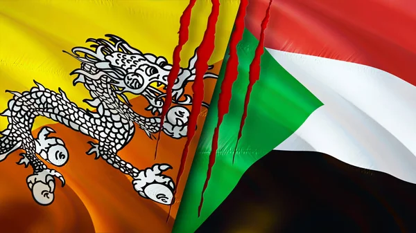 Bhutan and Sudan flags with scar concept. Waving flag,3D rendering. Bhutan and Sudan conflict concept. Bhutan Sudan relations concept. flag of Bhutan and Sudan crisis,war, attack concep