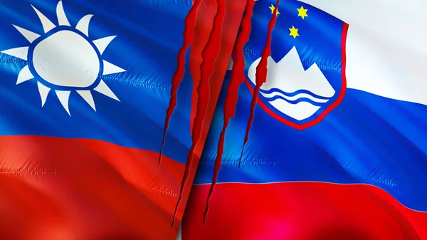 Yara Izi Olan Tayvan Slovenya Bayrakları Dalgalanan Bayrak Boyutlu Görüntüleme — Stok fotoğraf