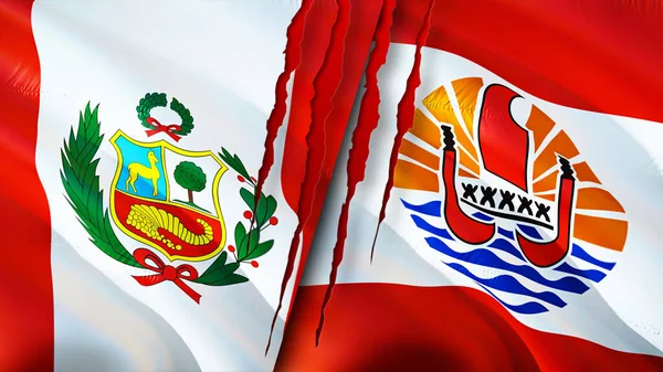 Peru and French Polynesia flags with scar concept. Waving flag,3D rendering. Peru and French Polynesia conflict concept. Peru French Polynesia relations concept. flag of Peru and French Polynesi