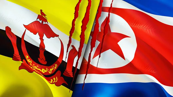 Brunei and North Korea flags with scar concept. Waving flag,3D rendering. Brunei and North Korea conflict concept. Brunei North Korea relations concept. flag of Brunei and North Korea crisis,war