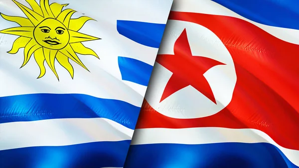 Uruguay and North Korea flags. 3D Waving flag design. Uruguay North Korea flag, picture, wallpaper. Uruguay vs North Korea image,3D rendering. Uruguay North Korea relations alliance an