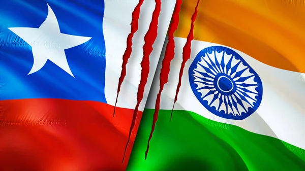 Chile and India flags with scar concept. Waving flag,3D rendering. Chile and India conflict concept. Chile India relations concept. flag of Chile and India crisis,war, attack concep
