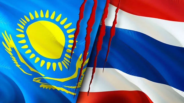 Kazakhstan and Thailand flags with scar concept. Waving flag,3D rendering. Kazakhstan and Thailand conflict concept. Kazakhstan Thailand relations concept. flag of Kazakhstan and Thailan