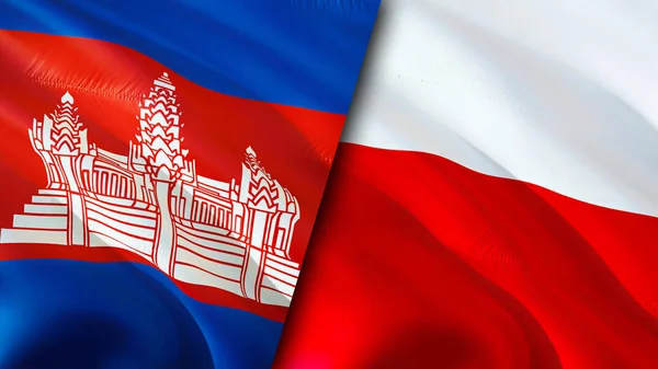 Cambodia and Poland flags. 3D Waving flag design. Cambodia Poland flag, picture, wallpaper. Cambodia vs Poland image,3D rendering. Cambodia Poland relations alliance and Trade,travel,tourism concep