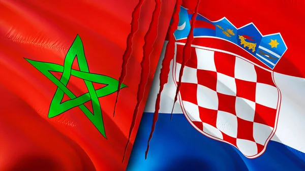 Morocco and Croatia flags with scar concept. Waving flag,3D rendering. Morocco and Croatia conflict concept. Morocco Croatia relations concept. flag of Morocco and Croatia crisis,war, attack concep