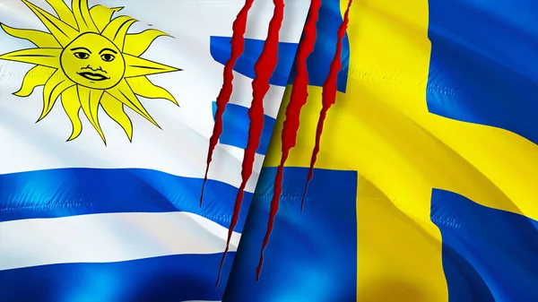 Uruguay and Sweden flags with scar concept. Waving flag,3D rendering. Uruguay and Sweden conflict concept. Uruguay Sweden relations concept. flag of Uruguay and Sweden crisis,war, attack concep