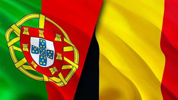 ポルトガルとベルギーの国旗 3D波動旗のデザイン ポルトガルベルギー国旗 ポルトガル対ベルギーの画像 3Dレンダリング ポルトガルベルギー関係と貿易 ツアー — ストック写真
