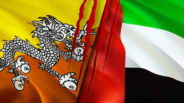 Bhutan and United Arab Emirates flags with scar concept. Waving flag,3D rendering. Bhutan and United Arab Emirates conflict concept. Bhutan United Arab Emirates relations concept. flag of Bhutan an