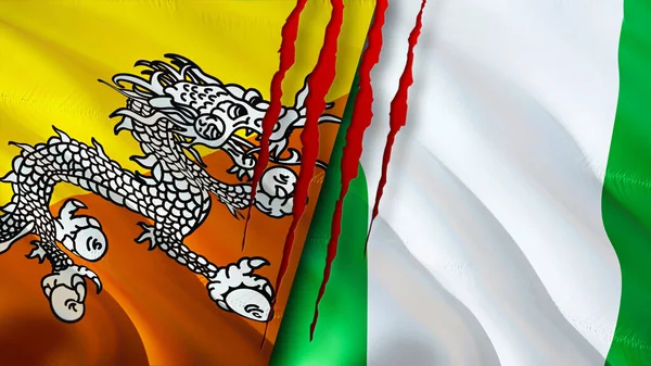 Bhutan ve Nijerya bayrakları yara izi konseptiyle. Dalgalanan bayrak, 3 boyutlu görüntüleme. Butan ve Nijerya çatışma konsepti. Butan Nijerya ilişkileri konsepti. Bhutan ve Nijerya bayrağı krizi, savaş, saldırı konsepti