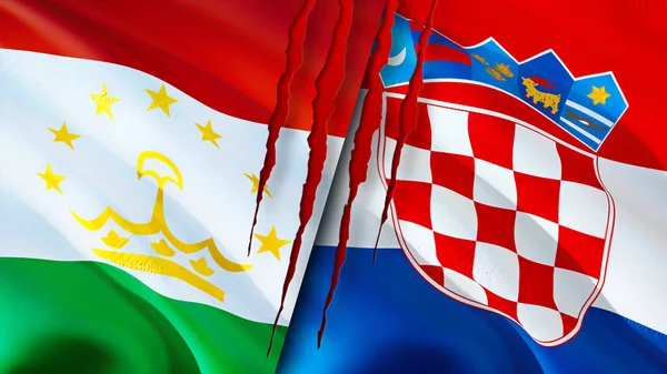 Tayikistán Croacia Banderas Con Concepto Cicatriz Bandera Ondeante Representación Tayikistán — Foto de Stock