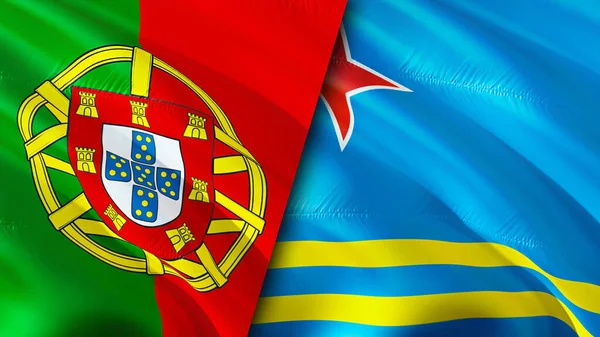 ポルトガルとアルバの旗 3D波動旗のデザイン ポルトガルアルバの旗 ポルトガル対アルバの画像 3Dレンダリング ポルトガルアルバ関係と貿易 観光コンプ — ストック写真