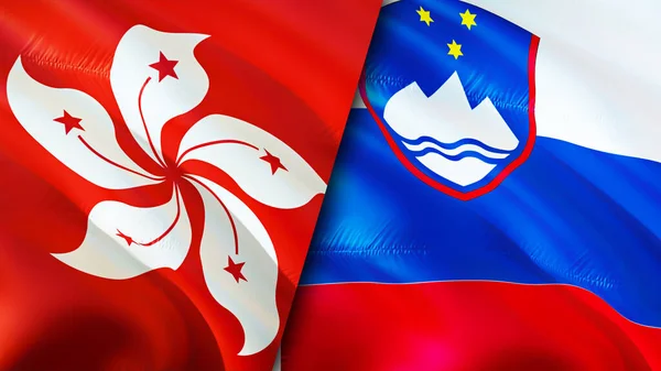 Hong Kong and Slovenia flags. 3D Waving flag design. Hong Kong Slovenia flag, picture, wallpaper. Hong Kong vs Slovenia image,3D rendering. Hong Kong Slovenia relations alliance an
