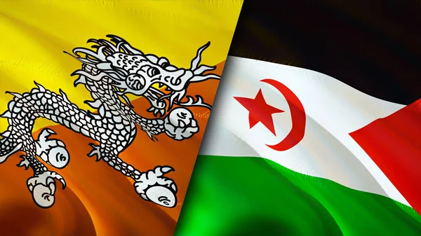Bhutan and Western Sahara flags. 3D Waving flag design. Bhutan Western Sahara flag, picture, wallpaper. Bhutan vs Western Sahara image,3D rendering. Bhutan Western Sahara relations alliance an