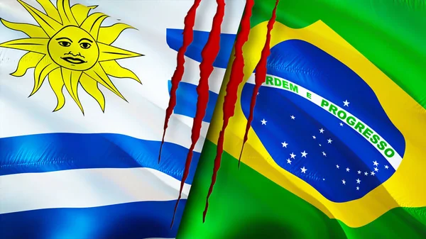 Uruguay and Brazil flags with scar concept. Waving flag,3D rendering. Uruguay and Brazil conflict concept. Uruguay Brazil relations concept. flag of Uruguay and Brazil crisis,war, attack concep