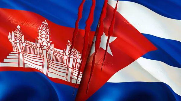Cambodia and Cuba flags with scar concept. Waving flag,3D rendering. Cambodia and Cuba conflict concept. Cambodia Cuba relations concept. flag of Cambodia and Cuba crisis,war, attack concep