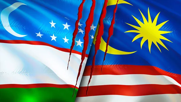 Σημαίες Ουζμπεκιστάν Και Μαλαισίας Ουλή Έννοια Κυματιστή Σημαία Τρισδιάστατη Απόδοση — Φωτογραφία Αρχείου