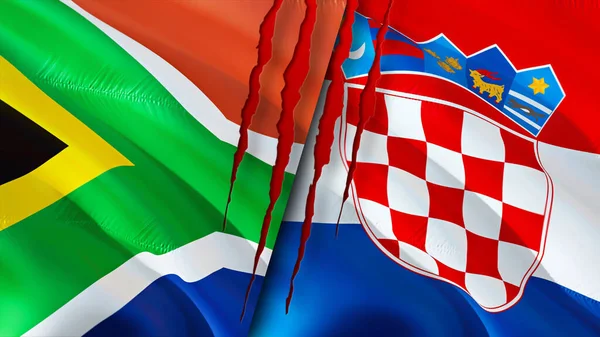 South Africa and Croatia flags with scar concept. Waving flag,3D rendering. South Africa and Croatia conflict concept. South Africa Croatia relations concept. flag of South Africa and Croati