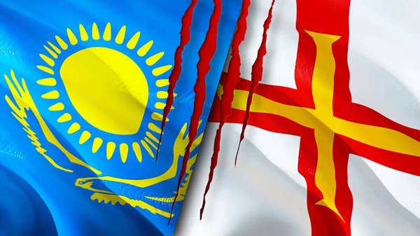 Kazakhstan and Guernsey flags with scar concept. Waving flag,3D rendering. Kazakhstan and Guernsey conflict concept. Kazakhstan Guernsey relations concept. flag of Kazakhstan and Guernse