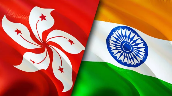 Hong Kong and India flags. 3D Waving flag design. Hong Kong India flag, picture, wallpaper. Hong Kong vs India image,3D rendering. Hong Kong India relations alliance and Trade,travel,tourism concep