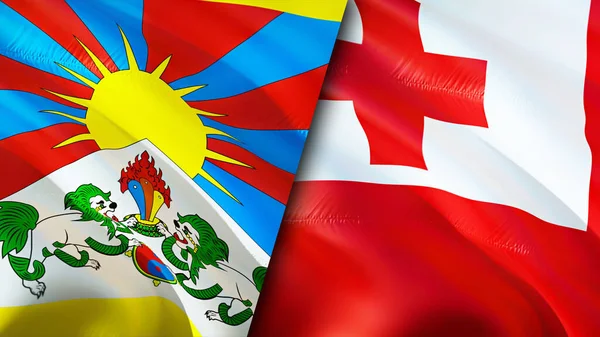 Tibet and Tonga flags with scar concept. Waving flag,3D rendering. Tibet and Tonga conflict concept. Tibet Tonga relations concept. flag of Tibet and Tonga crisis,war, attack concep
