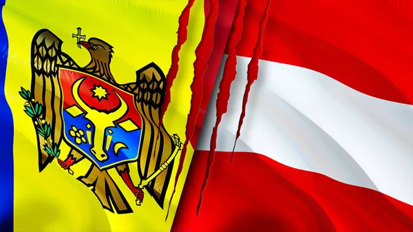 Moldova and Austria flags with scar concept. Waving flag,3D rendering. Moldova and Austria conflict concept. Moldova Austria relations concept. flag of Moldova and Austria crisis,war, attack concep