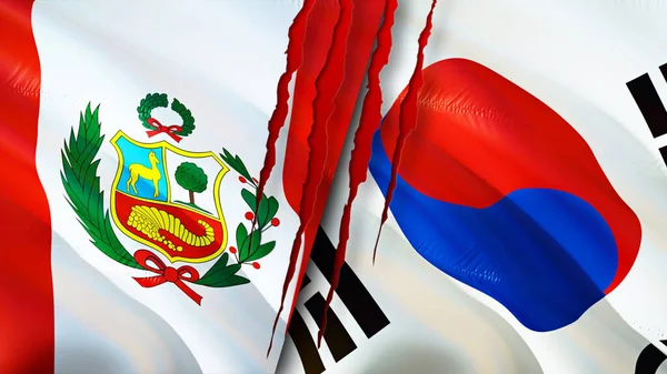 Peru and South Korea flags with scar concept. Waving flag,3D rendering. Peru and South Korea conflict concept. Peru South Korea relations concept. flag of Peru and South Korea crisis,war, attac