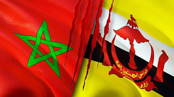 Banderas Marruecos Brunei Con Concepto Cicatriz Bandera Ondeante Representación Marruecos — Foto de Stock