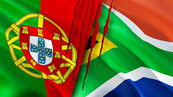 Portugal and South Africa flags with scar concept. Waving flag,3D rendering. Portugal and South Africa conflict concept. Portugal South Africa relations concept. flag of Portugal and South Afric