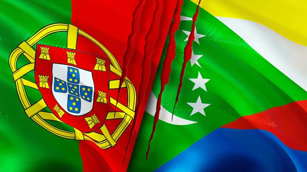 ポルトガルとコモロは傷の概念でフラグを立てます 旗を振って3Dレンダリング ポルトガルとコモロの紛争の概念 ポルトガルコモロ関係の概念 ポルトガルとコモロの旗危機戦争攻撃 — ストック写真