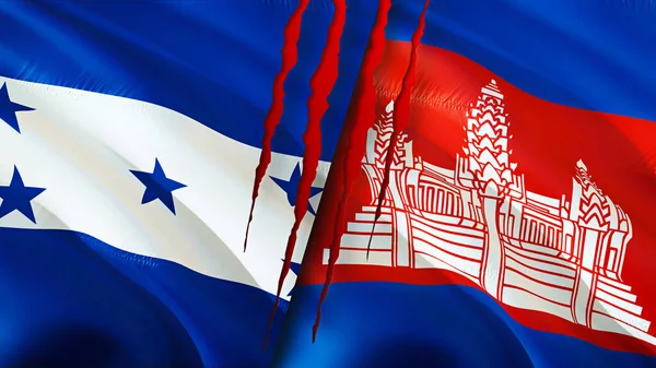 Honduras and Cambodia flags with scar concept. Waving flag 3D rendering. Honduras and Cambodia conflict concept. Honduras Cambodia relations concept. flag of Honduras and Cambodia crisis,war, attac