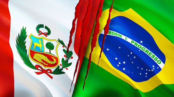 Peru and Brazil flags with scar concept. Waving flag,3D rendering. Peru and Brazil conflict concept. Peru Brazil relations concept. flag of Peru and Brazil crisis,war, attack concep