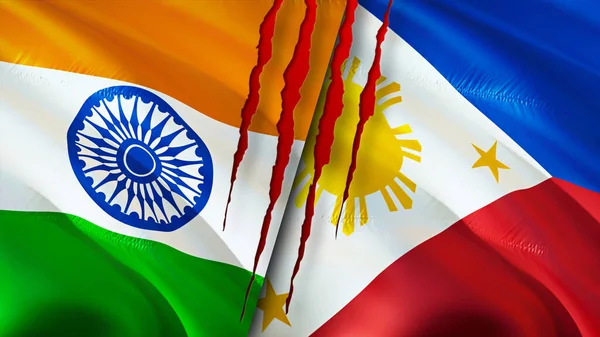 India and Philippines flags with scar concept. Waving flag,3D rendering. India and Philippines conflict concept. India Philippines relations concept. flag of India and Philippines crisis,war, attac