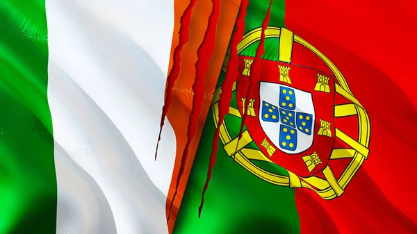 Irlanda Portogallo Bandiere Con Concetto Cicatrice Sventolando Bandiera Rendering Irlanda — Foto Stock