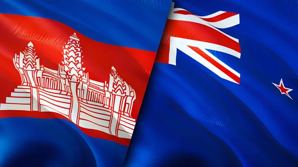 柬埔寨和新西兰的国旗 3D波浪旗帜设计 柬埔寨新西兰国旗 柬埔寨对新西兰的图像 3D渲染 柬埔寨新西兰关系联盟 — 图库照片
