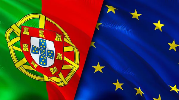 Portugal and European Union flags. 3D Waving flag design. Portugal European Union flag, picture, wallpaper. Portugal vs European Union image,3D rendering. Portugal European Union relations allianc