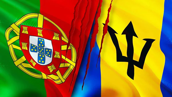 ポルトガルとバルバドスは傷の概念でフラグを立てます 旗を振って3Dレンダリング ポルトガルとバルバドスの紛争の概念 ポルトガルバルバドス関係の概念 ポルトガルとバルバドスの危機戦争攻撃 — ストック写真
