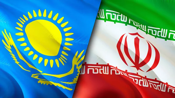 Kazakhstan and Iran flags. 3D Waving flag design. Kazakhstan Iran flag, picture, wallpaper. Kazakhstan vs Iran image,3D rendering. Kazakhstan Iran relations alliance and Trade,travel,tourism concep