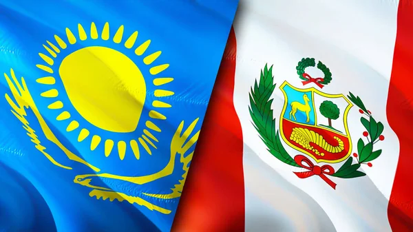 Kazakhstan and Peru flags. 3D Waving flag design. Kazakhstan Peru flag, picture, wallpaper. Kazakhstan vs Peru image,3D rendering. Kazakhstan Peru relations alliance and Trade,travel,tourism concep