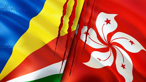Seychelles and Hong Kong flags with scar concept. Waving flag,3D rendering. Seychelles and Hong Kong conflict concept. Seychelles Hong Kong relations concept. flag of Seychelles and Hong Kon
