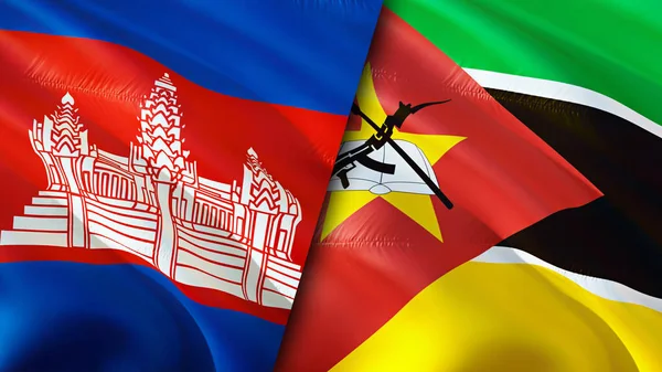 Kambodja Och Moçambique Flaggor Viftande Flagga Design Kambodja Moçambique Flagga — Stockfoto