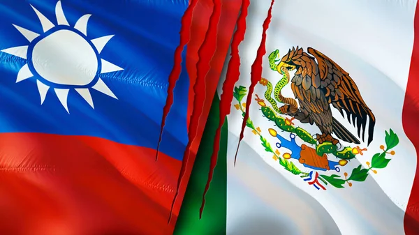 Taiwan and Mexico flags with scar concept. Waving flag,3D rendering. Taiwan and Mexico conflict concept. Taiwan Mexico relations concept. flag of Taiwan and Mexico crisis,war, attack concep